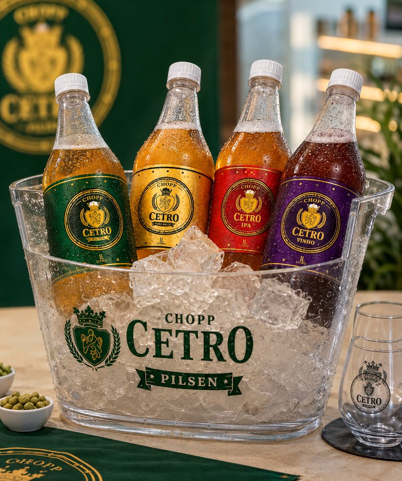 Os quatro growlers do Chopp Cetro gelando num balde de gelo
